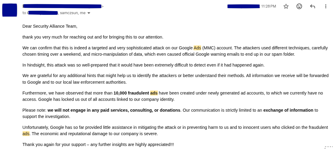 Response to SEAL notification by one of affected, legitimate, advertisers (Source : SEAL).